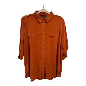 Grace Cinnabar Orange Roll Tab Sleeve Button Down Shirt Gold Shoulder XL NEW